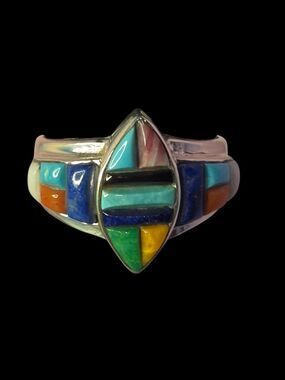 TB Vintage Sterling Silver Multicolor Gemstone Marquise Inlay Ring Sz 10.5 NWT